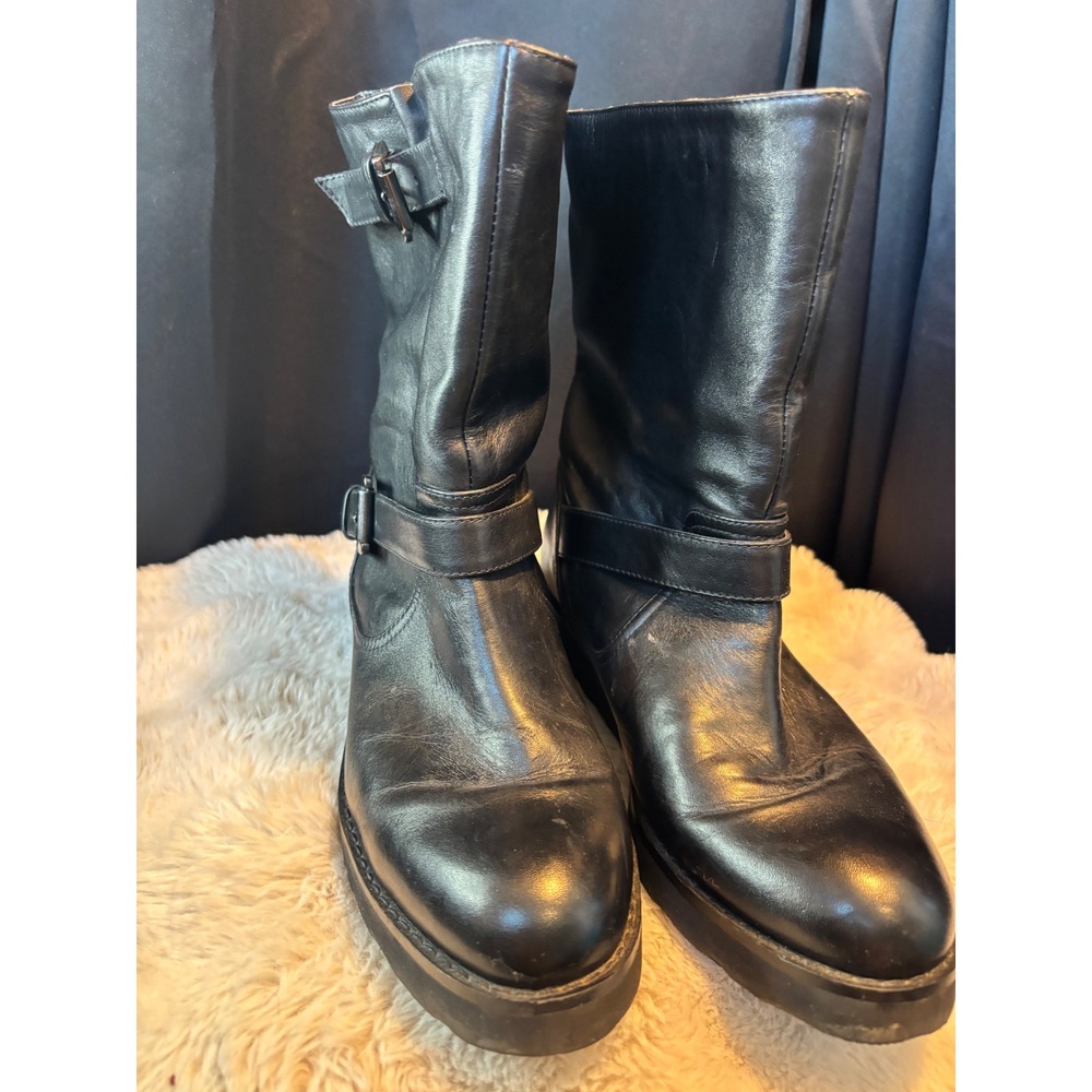 Black Leather Moto Buckle Boots Mid Calf Side Zip Platform Lug Sole TA 21J61
